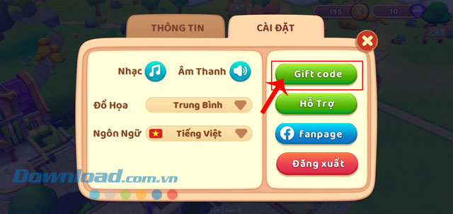 Chạm vào nút Gift Code