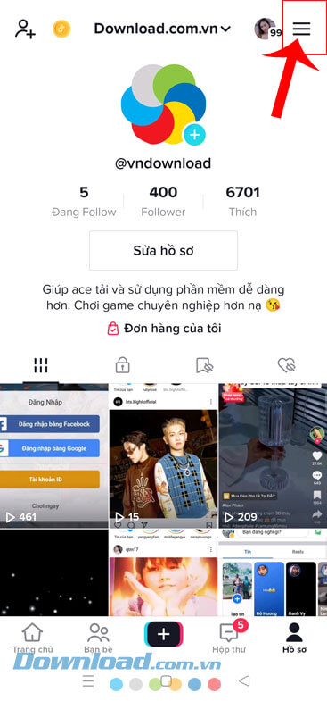 Chạm vào biểu tượng ba dấu gạch ngang