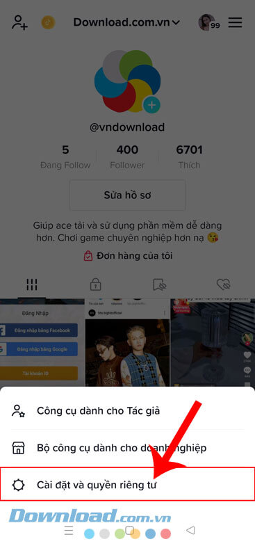 Chạm vào mục Cài đặt và quyền riêng tư