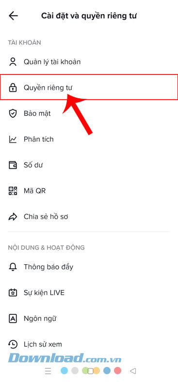 Ấn vào mục Quyền riêng tư