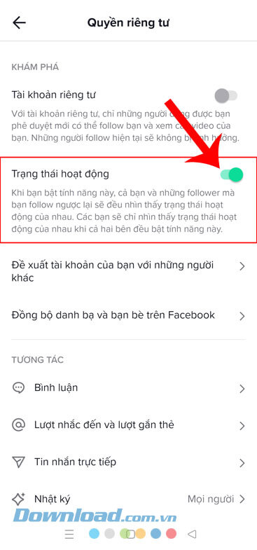 Tắt công tắc tại mục Trạng thái hoạt động