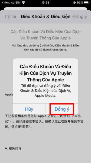 Đồng ý với điều khoản điều kiện của Apple