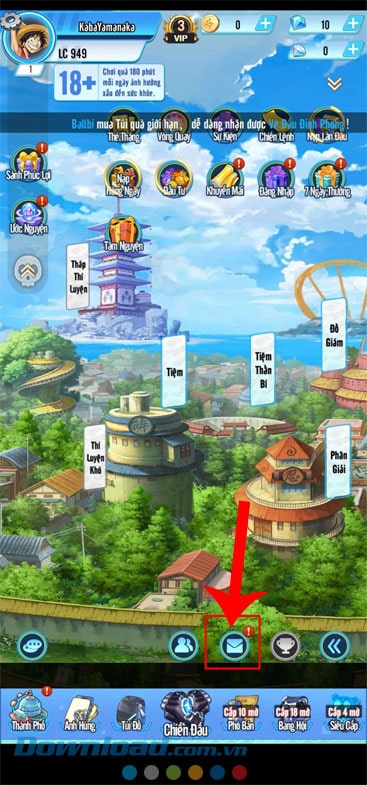 Ấn vào biểu tượng bức thư 