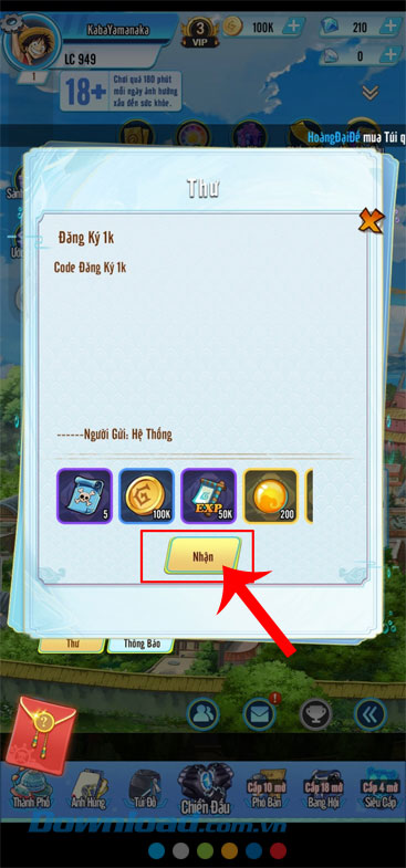 Nhấn vào nút Nhận