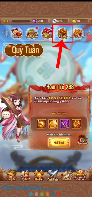 Chạm vào mục Giftcode