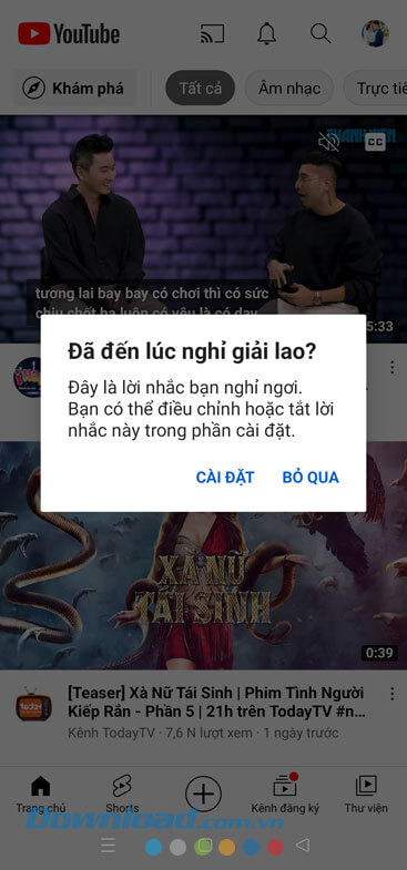 Thông báo dừng xem YouTube
