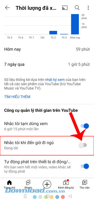 Gạt công tắc ở mục Nhắc tôi khi đến giờ đi ngủ