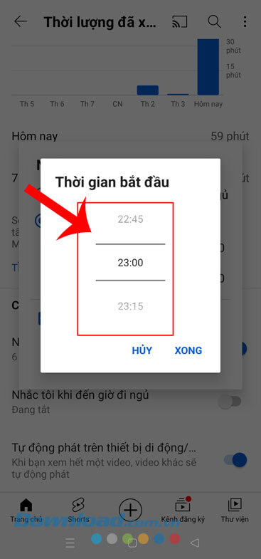 Thiết lập thời gian thời gian bắt đầu và kết thúc nhận thông báo 