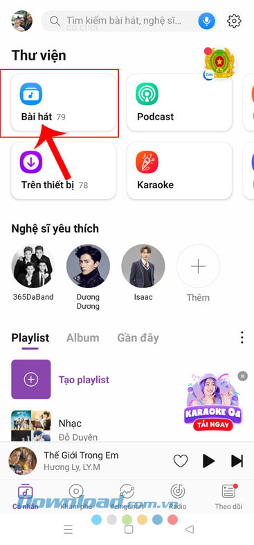 Chạm vào mục Bài hát 