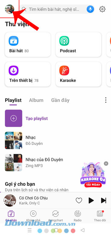 Nhấn vào ảnh đại diện