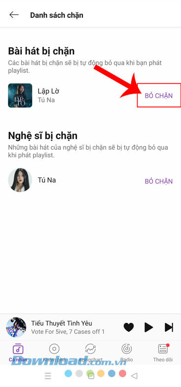 Chạm vào nút Bỏ chặn
