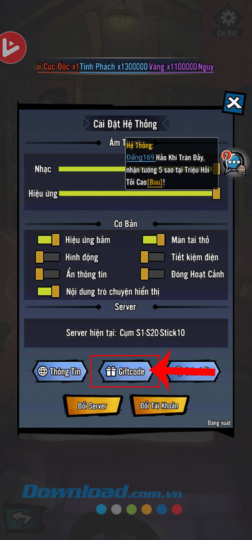 Nhấn vào nút Giftcode