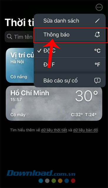 Chạm vào mục Thông báo