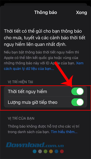 Bật công tắc tại hai mục Thời tiết nguy hiểm và Lượng mưa giờ tiếp theo