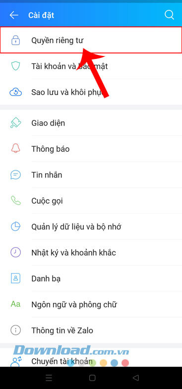 Nhấn vào mục Quyền riêng tư