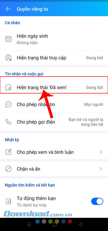 Ấn vào mục Hiện trạng thái “Đã xem”