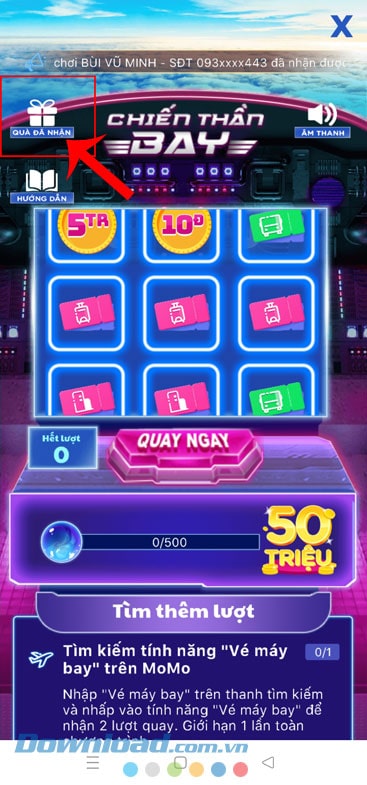  Chạm vào mục Quà đã nhận