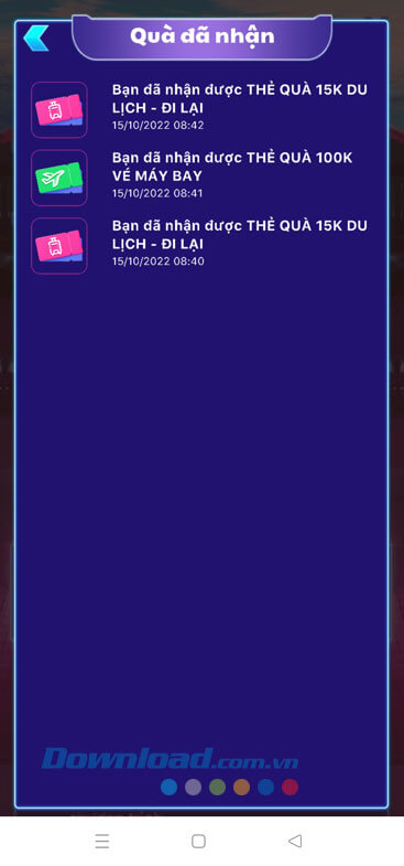 Phần thưởng đã nhận hiển thị lên màn hình