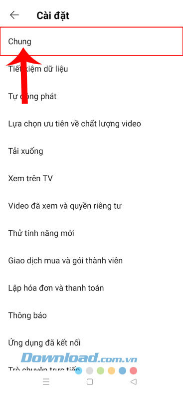 Nhấn vào mục Chung