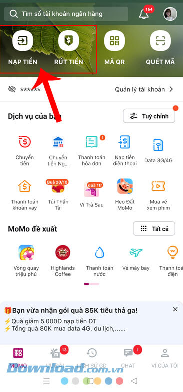 Ấn vào nút Nạp tiền hoặc Rút tiền