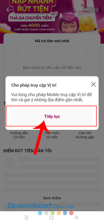 Nhấn vào nút Tiếp tục