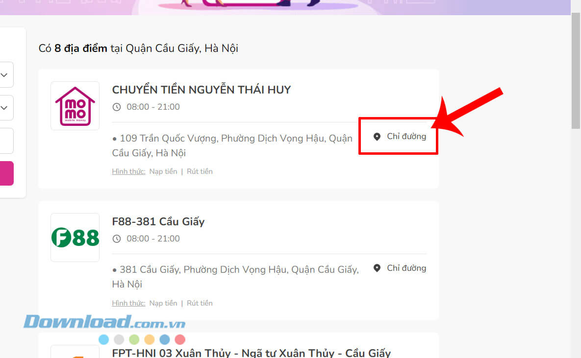 Click chuột vào nút Chỉ đường 