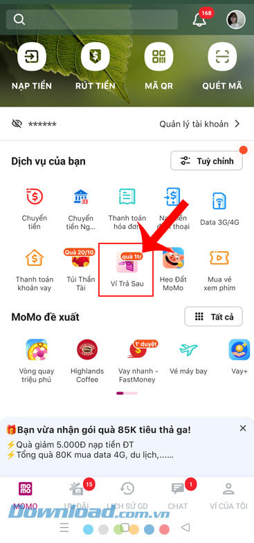 Chạm vào mục Ví trả sau