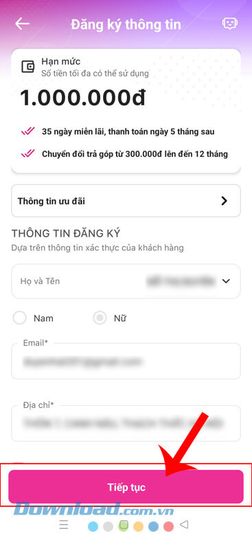 Nhấn vào nút Tiếp tục