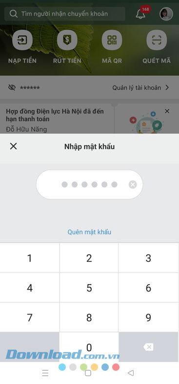 Nhập mật khẩu tài khoản MOMO