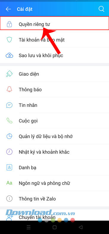 Nhấn vào mục Quyền riêng tư