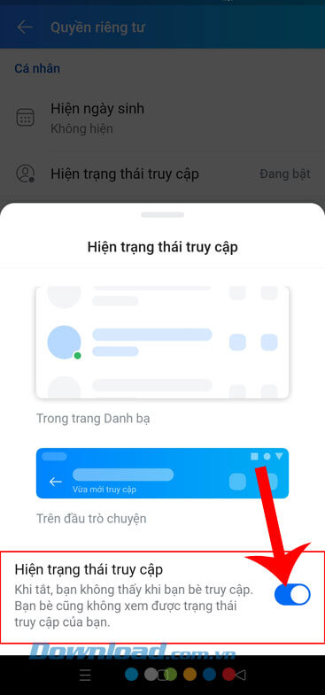 Tắt công tắc Hiện trạng thái truy cập