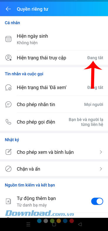 Trạng thái Vừa mới truy cập đã được tắt
