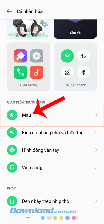 Chạm vào mục Màu