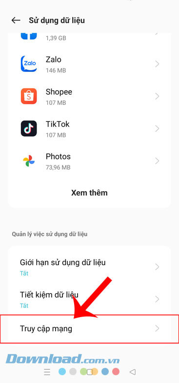 Chạm vào mục Truy cập mạng