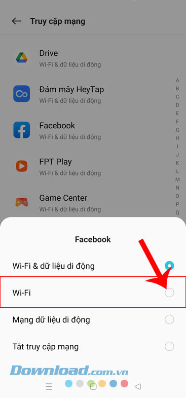  Nhấn và chọn mục Wi-Fi