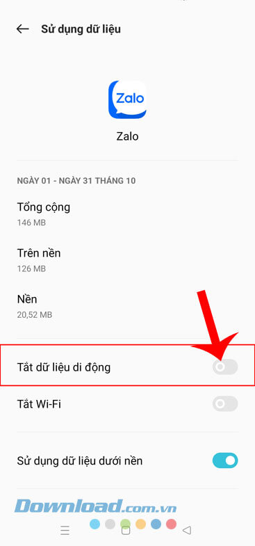 Bật công tắc tại mục Tắt dữ liệu di động