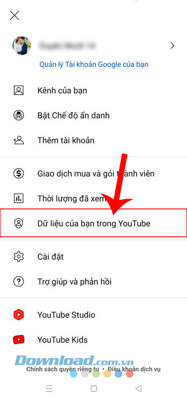 Chạm vào mục Dữ liệu của bạn trong YouTube