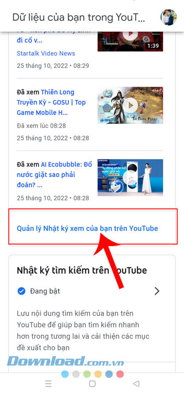 Nhấn vào mục Quản lý Nhật ký xem của bạn trên YouTube