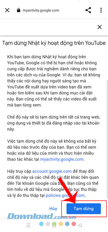 Nhấn vào nút Tạm dừng