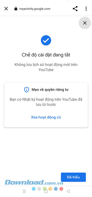 Đã tắt lưu Nhật ký hoạt động trên YouTube