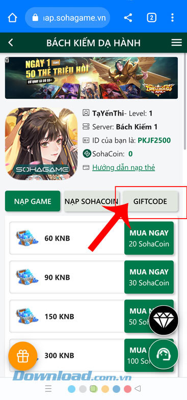Nhấn vào nút Giftcode