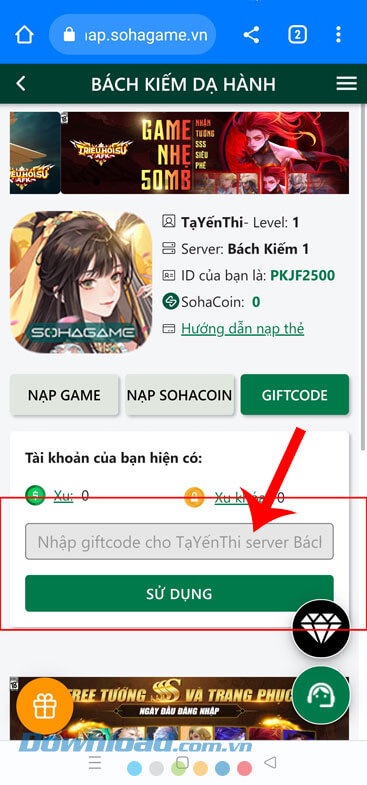  Nhập mã code > Chạm vào nút Sử dụng
