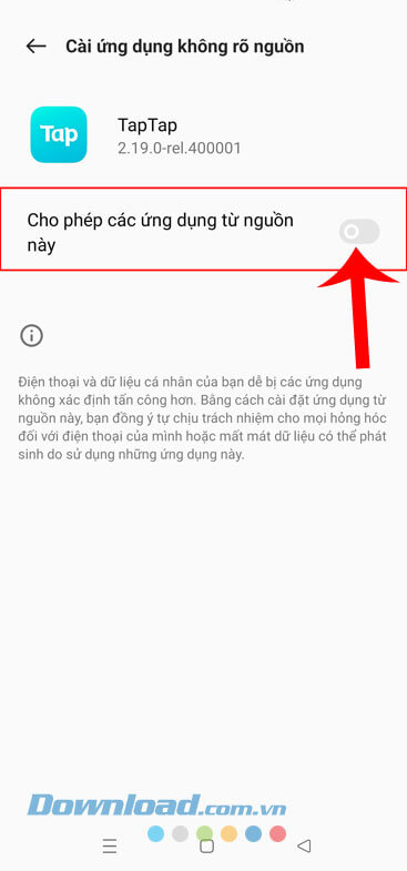 Bật công tắc tại mục Cho phép các ứng dụng từ nguồn này