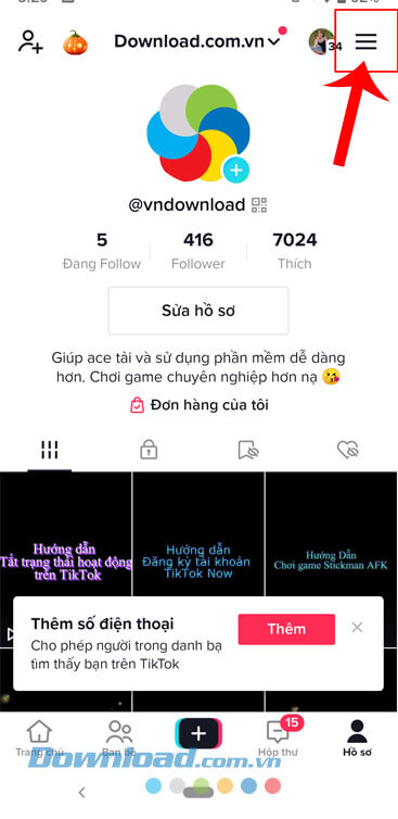 Nhấn vào biểu tượng ba dấu gạch ngang