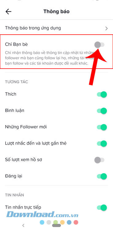 Bật công tắc tại mục Chỉ bạn bè