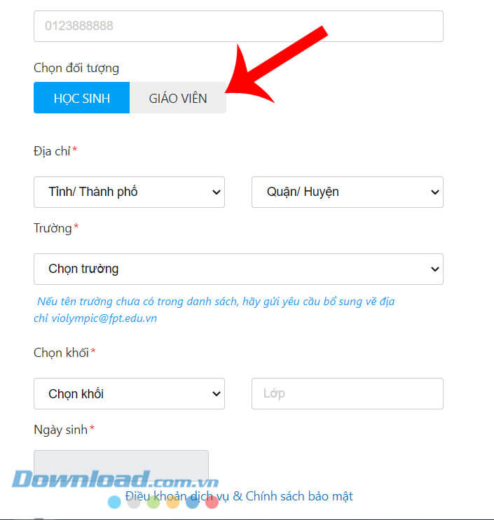 Điền tiếp thông tin  Địa chỉ, Khối, Lớp học, Ngày sinh