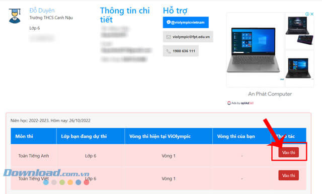 Nhấn vào nút Vào thi