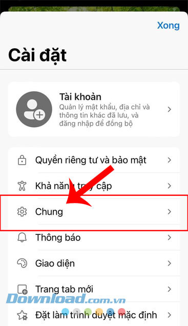Ấn vào mục Chung