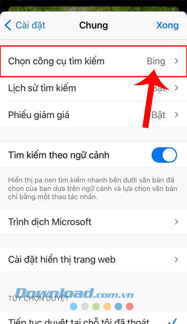 Chạm vào mục Chọn công cụ tìm kiếm