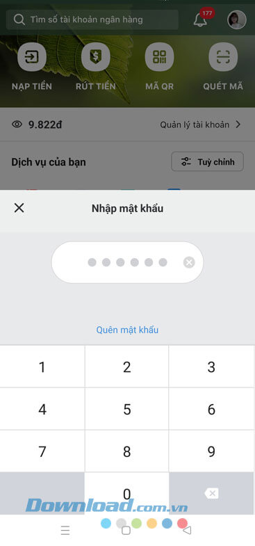 Nhập mật khẩu đăng nhập MoMo